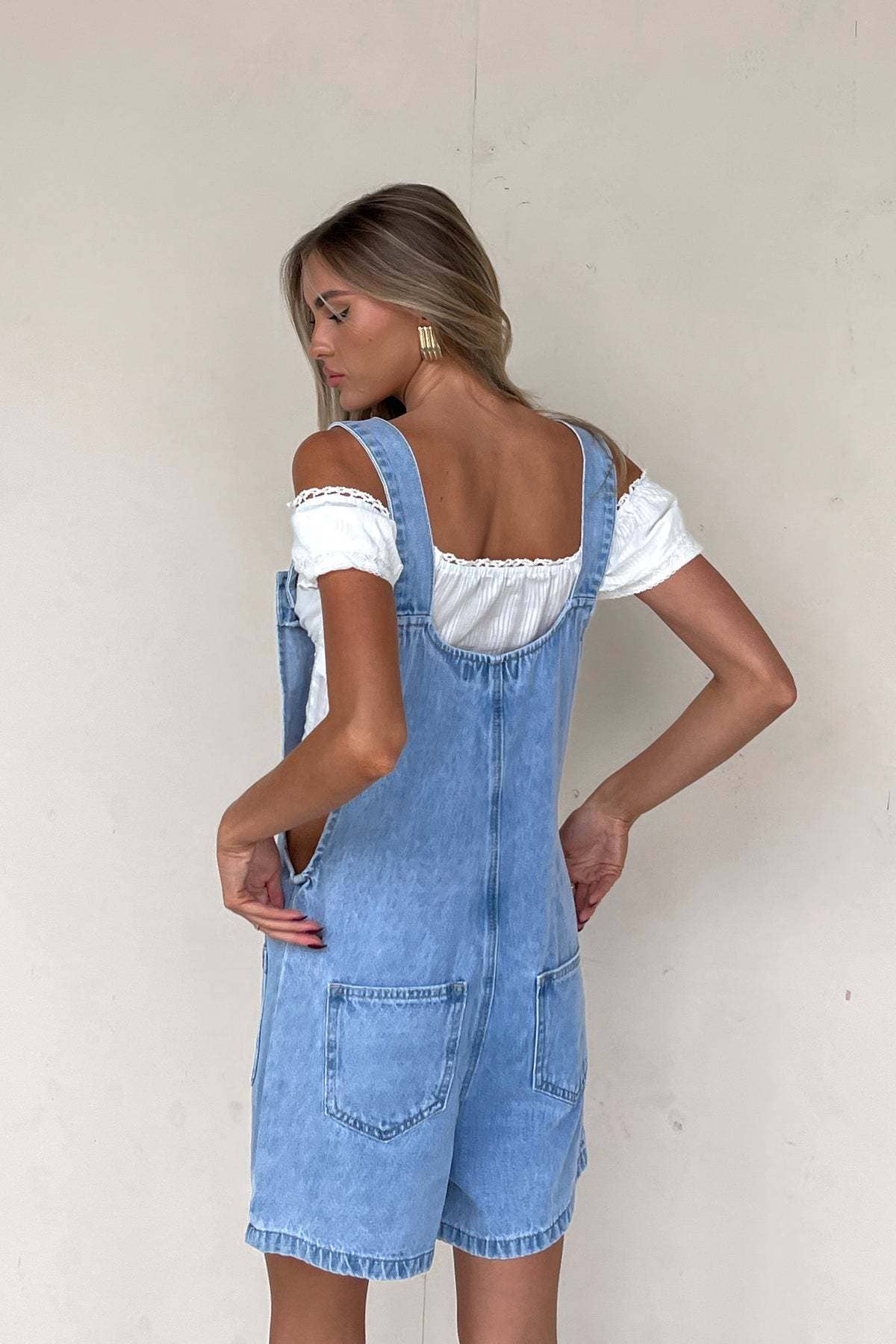 Wash denim rompers with adjustable suspenders