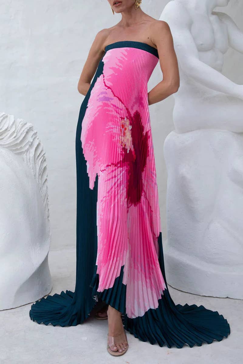 CWDMD5533_SUMMER PLEATED PRINTED BACKLESS TUBE DRESS