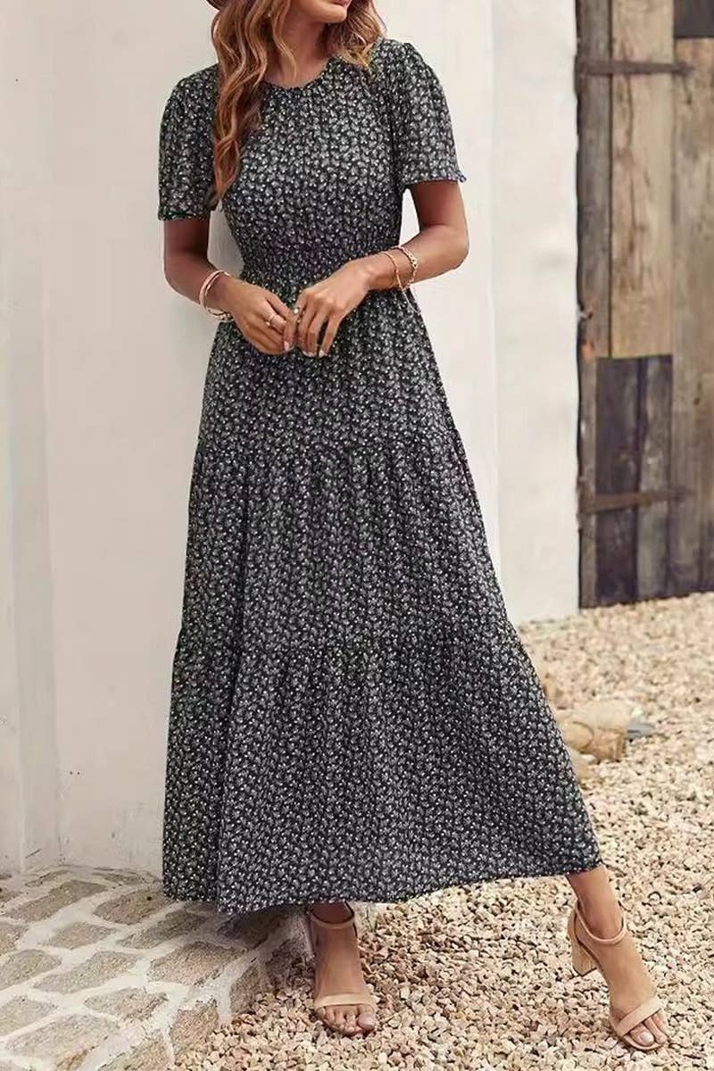 CWDMD5036_SPRING AND SUMMER FLORAL WAIST CAKE DRESS