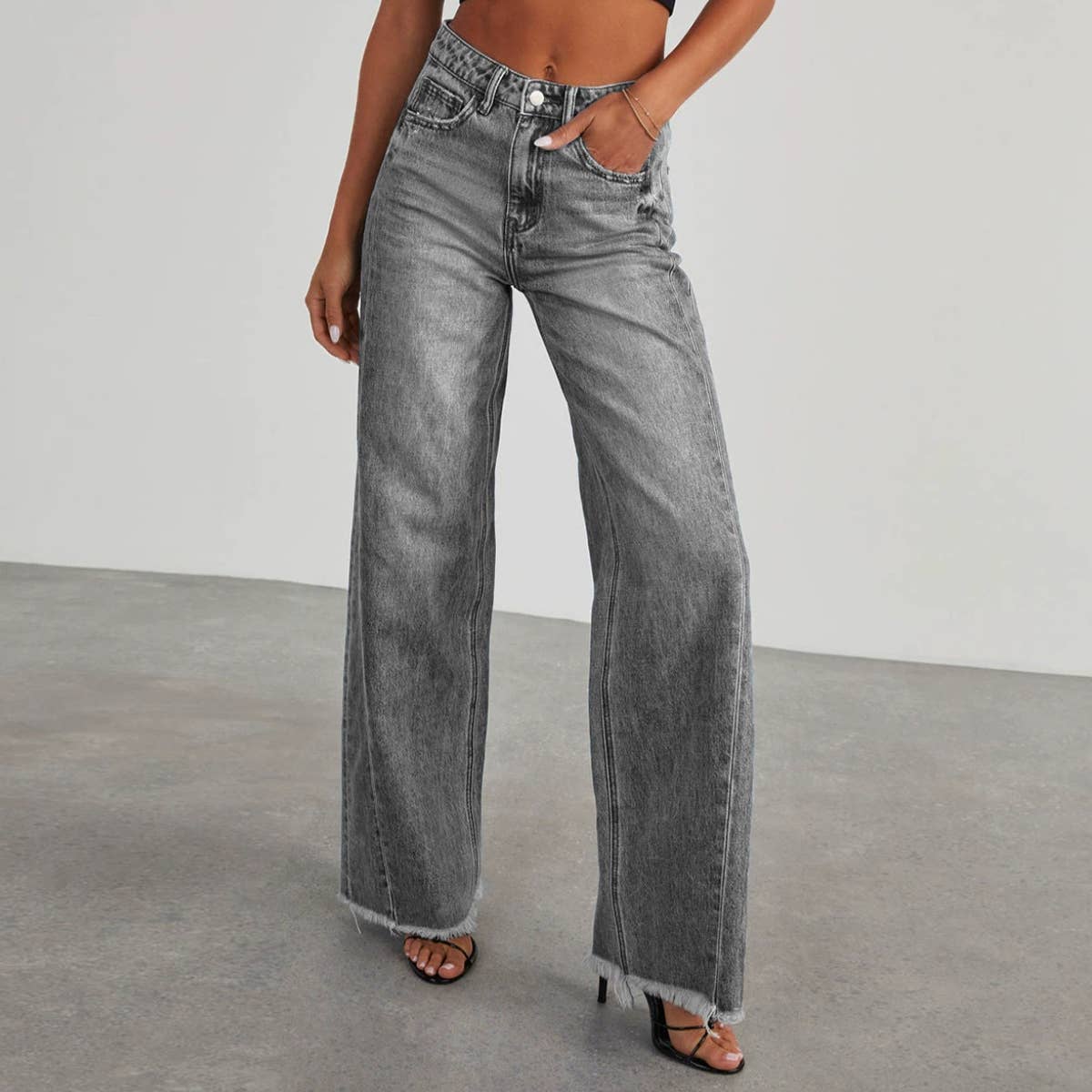 Washed loose casual straight-leg wide-leg jeans