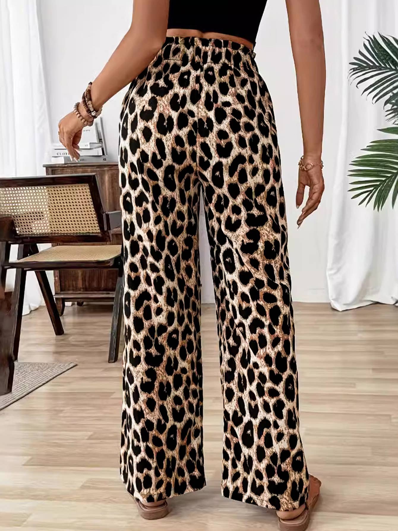 Leopard print wide leg casual straight leg pants