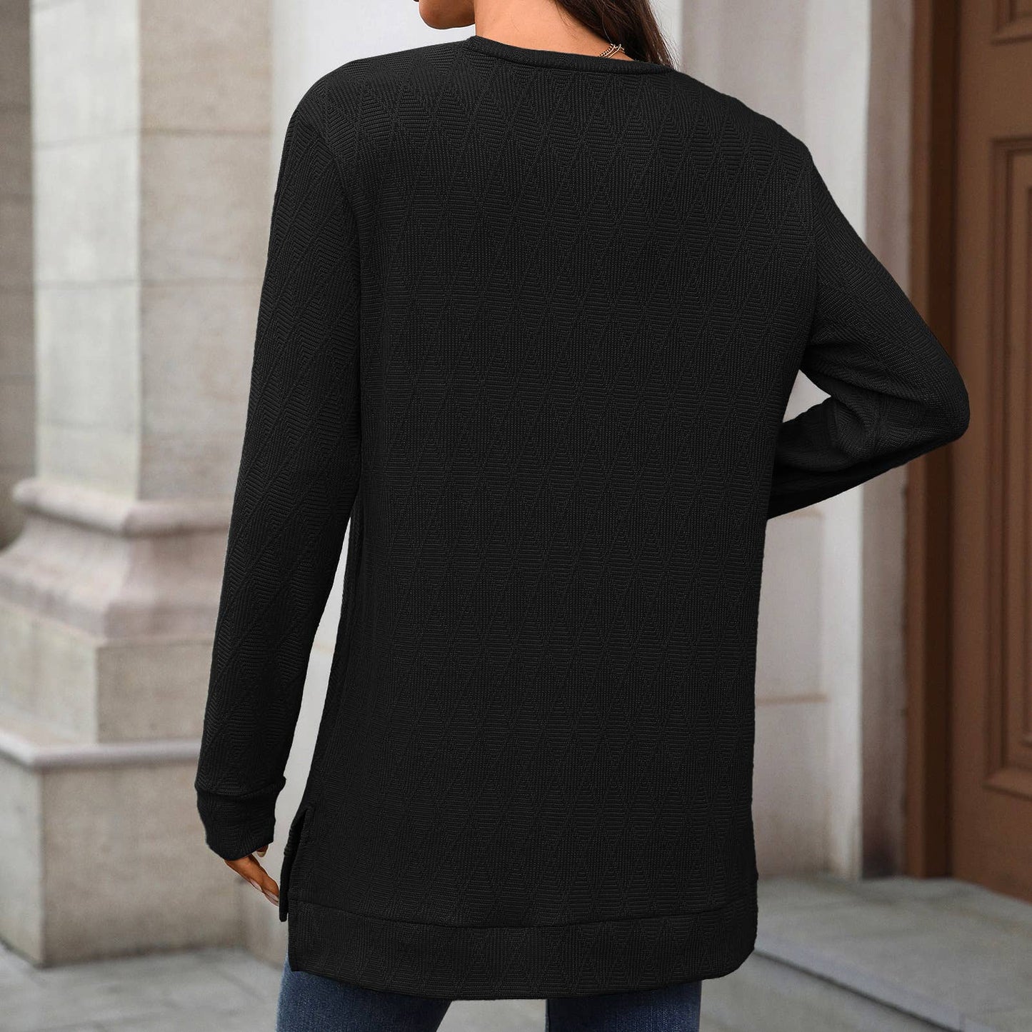 Round-neck knitted jacquard long-sleeved T-shirt