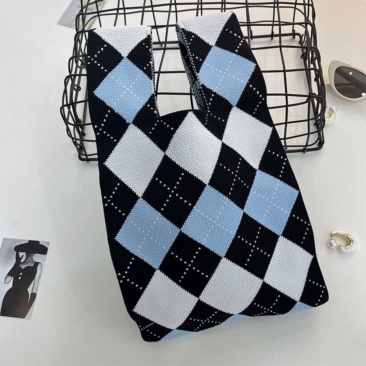 CUAB00622_CHECKERED KNIT SHOULDER BAG WOMEN WOVEN PURSE