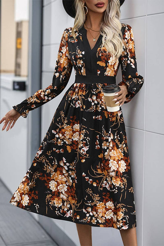 CWDMD3568_V-NECK PRINTED LONG-SLEEVED MIDI DRESS
