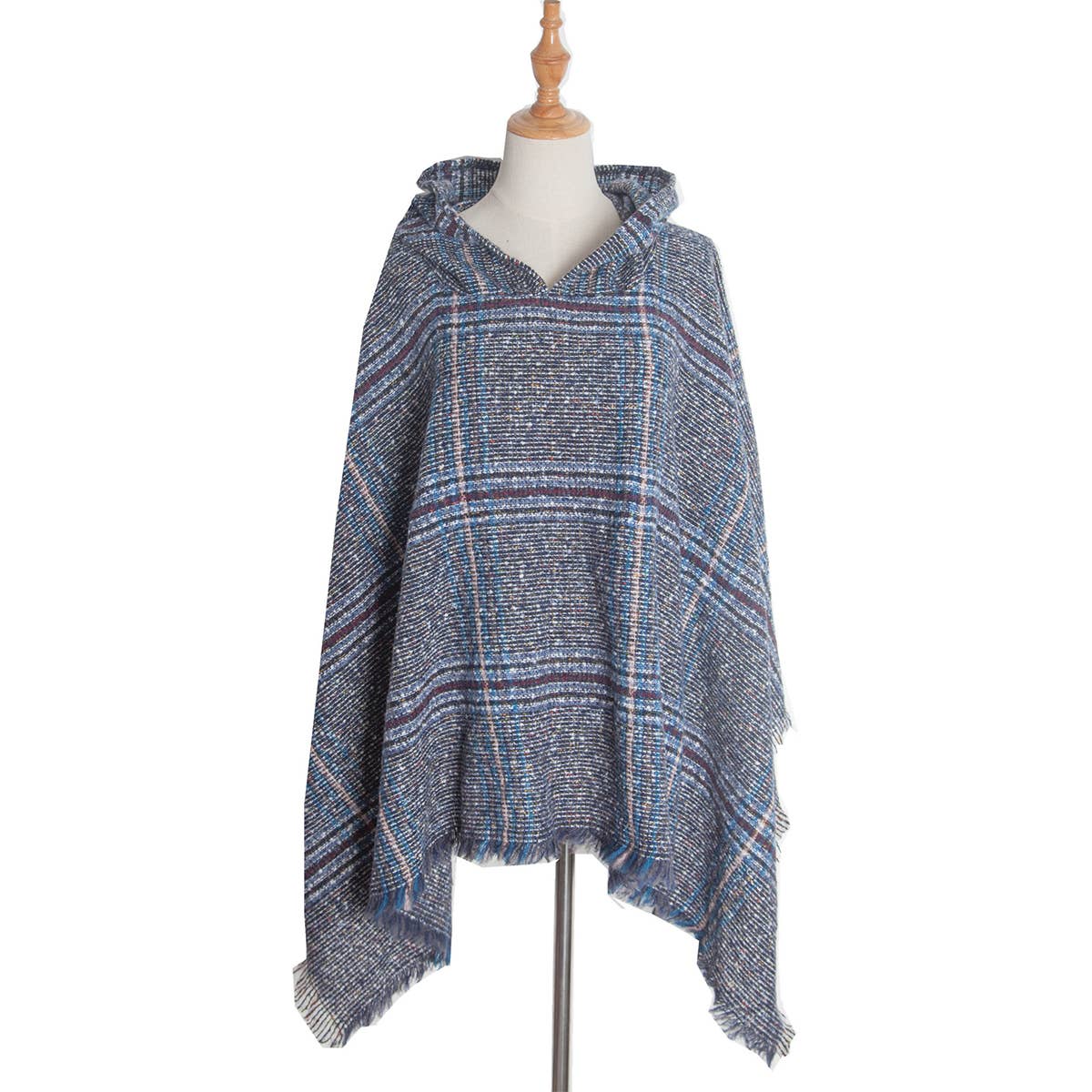 CIRCLE YARN FUR LARGE PLAID HOODED CAPE SHAWL