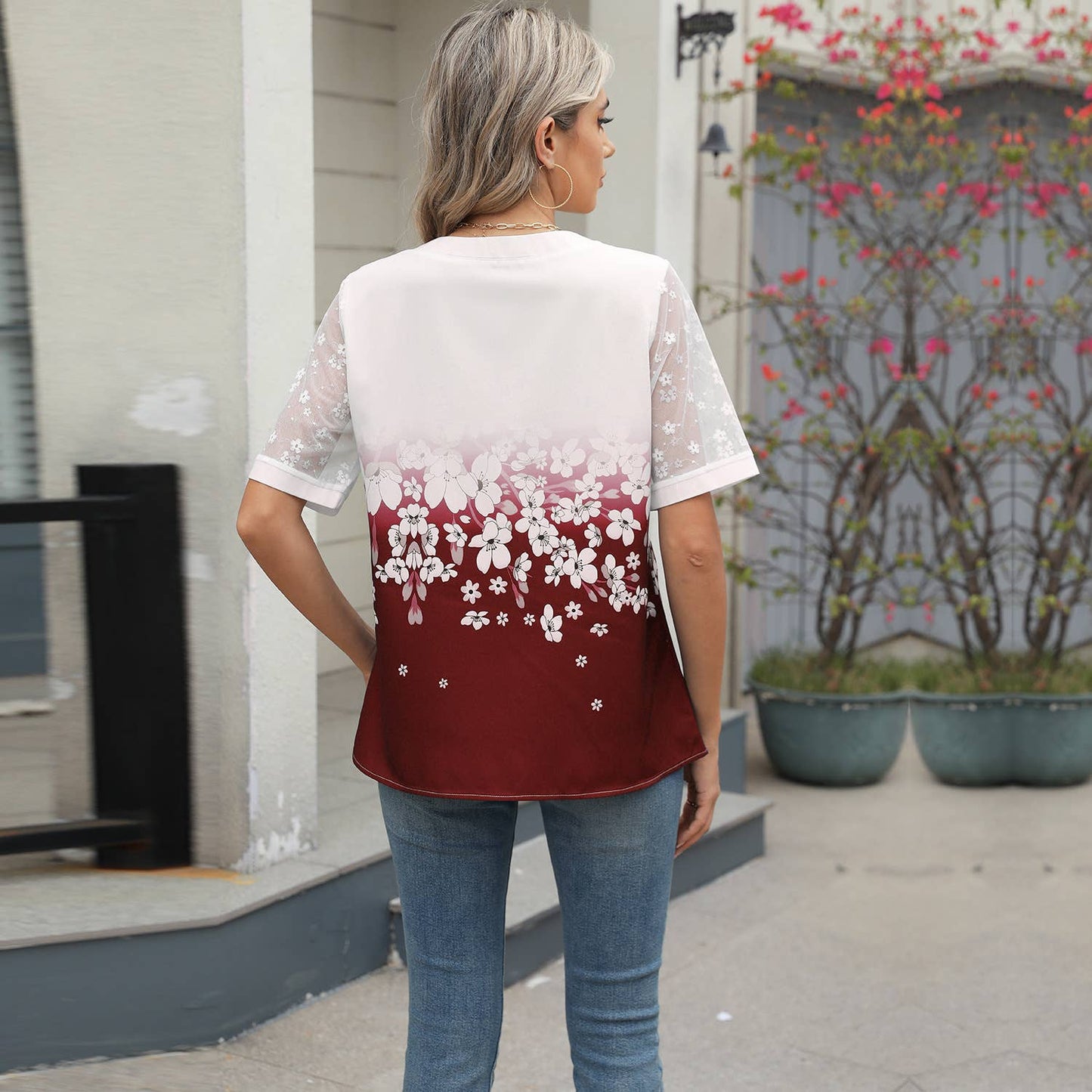 Patchwork Lace Sleeve V-Neck Print Chiffon Shirt