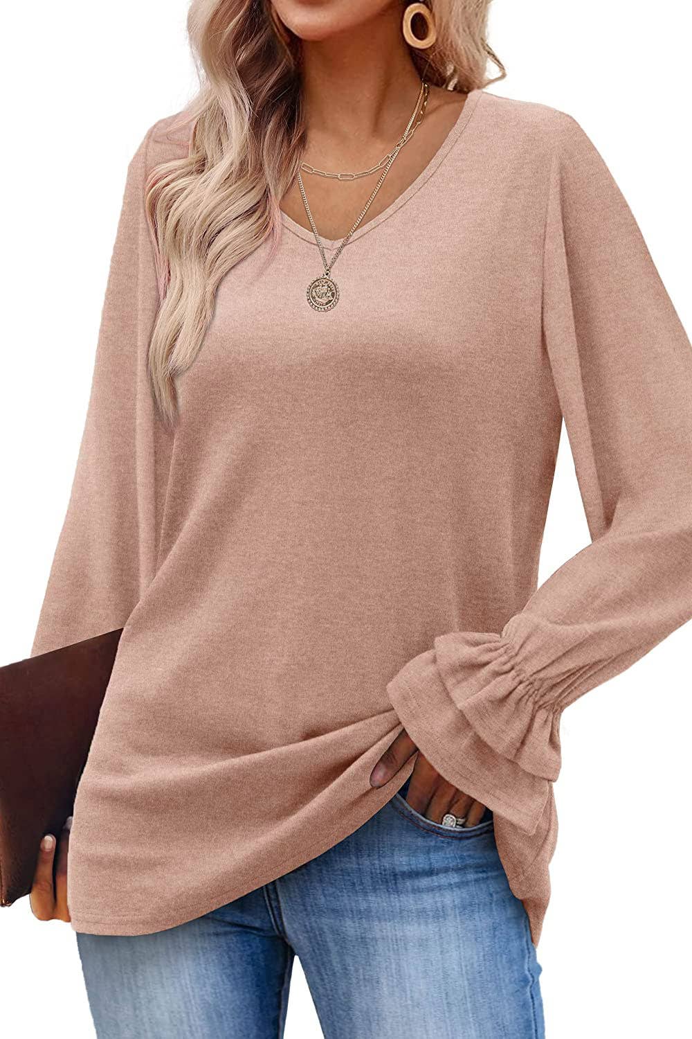 FLARED LONG SLEEVE SOLID COLOR T-SHIRT BLOUSE