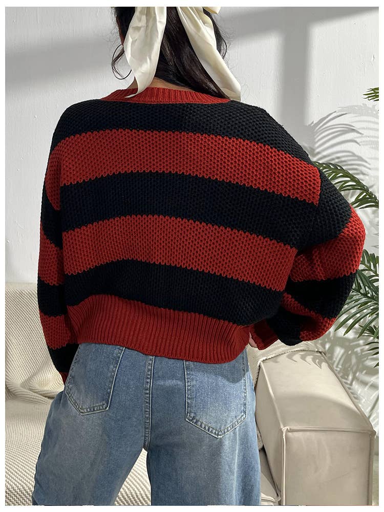 WOMEN SWEATER CONTRAST RED AND BLACK STRIPED COAT