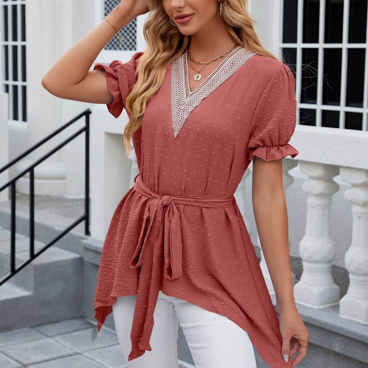 V-neck lace jacquard lace up short sleeved dress