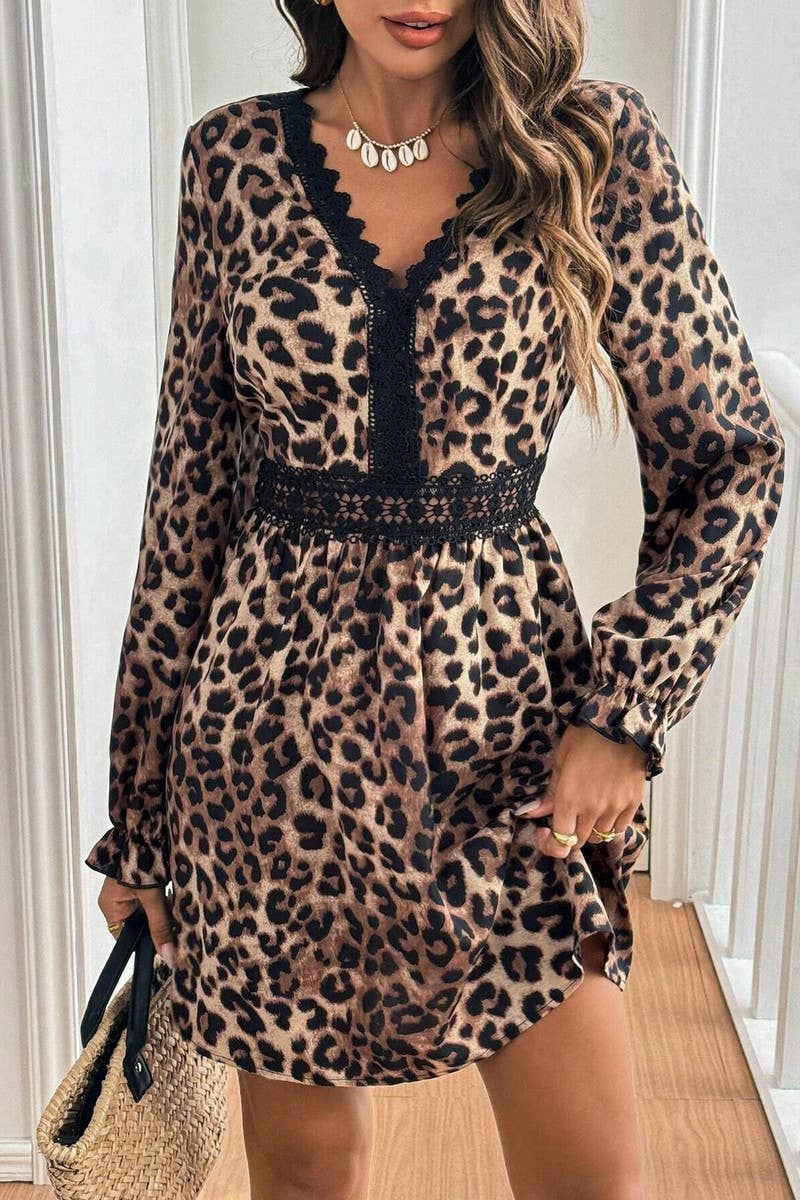 CWDSD6892_V-NECK LEOPARD LACE PATCHWORK LONG-SLEEVED DRESS