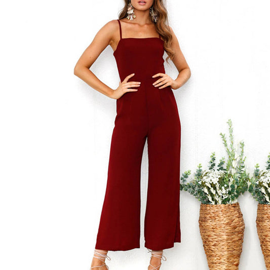 Solid Color Spaghetti Strap Wide-Leg Jumpsuit