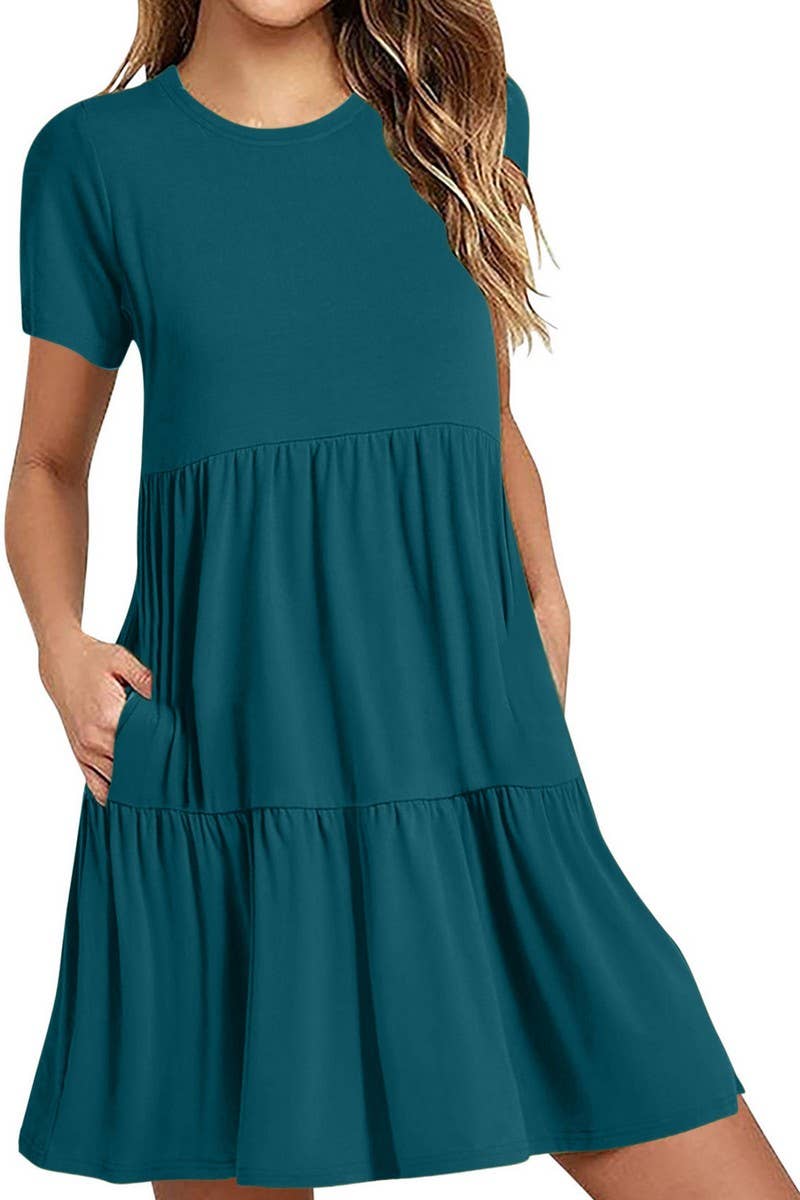 CWDSD8922_ROUND NECK SOLID COLOR CASUAL STITCHING DRESS