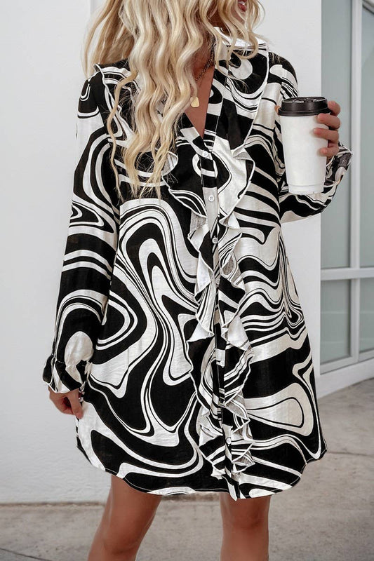 CWDSD7297_ELEGANT PRINTED RUFFLE SHIRT DRESS