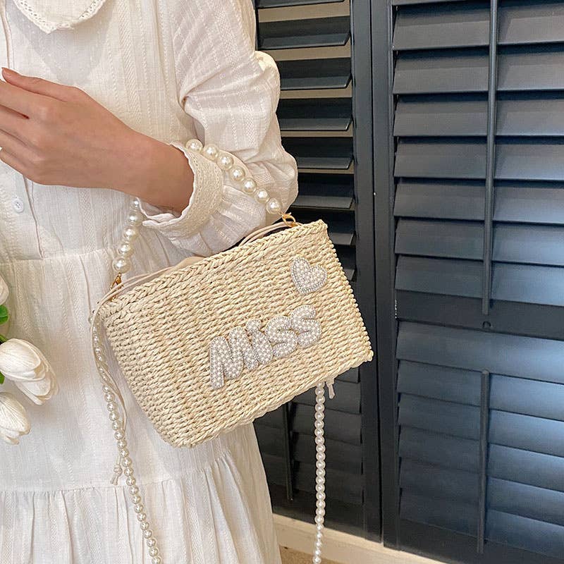 Single-shoulder pearl hand-held woven bag