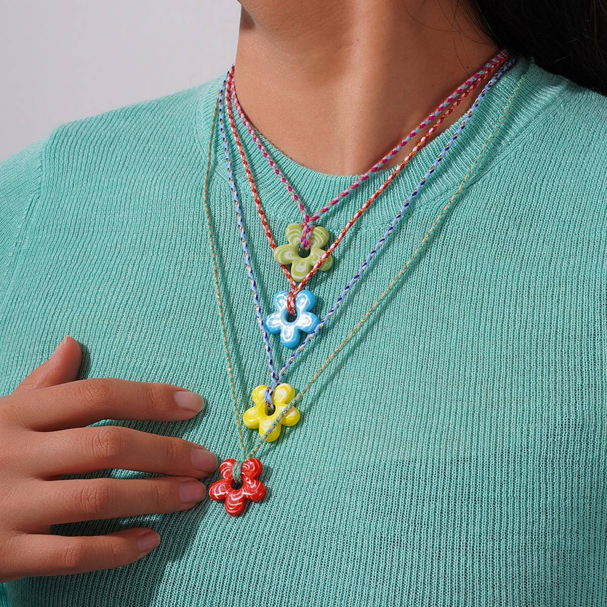 Colorful Glass Flower Pendant Rope Necklace