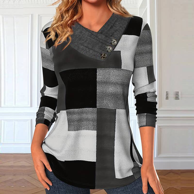KNIT PLAID PRINT PULLOVER LONG SLEEVE T-SHIRT
