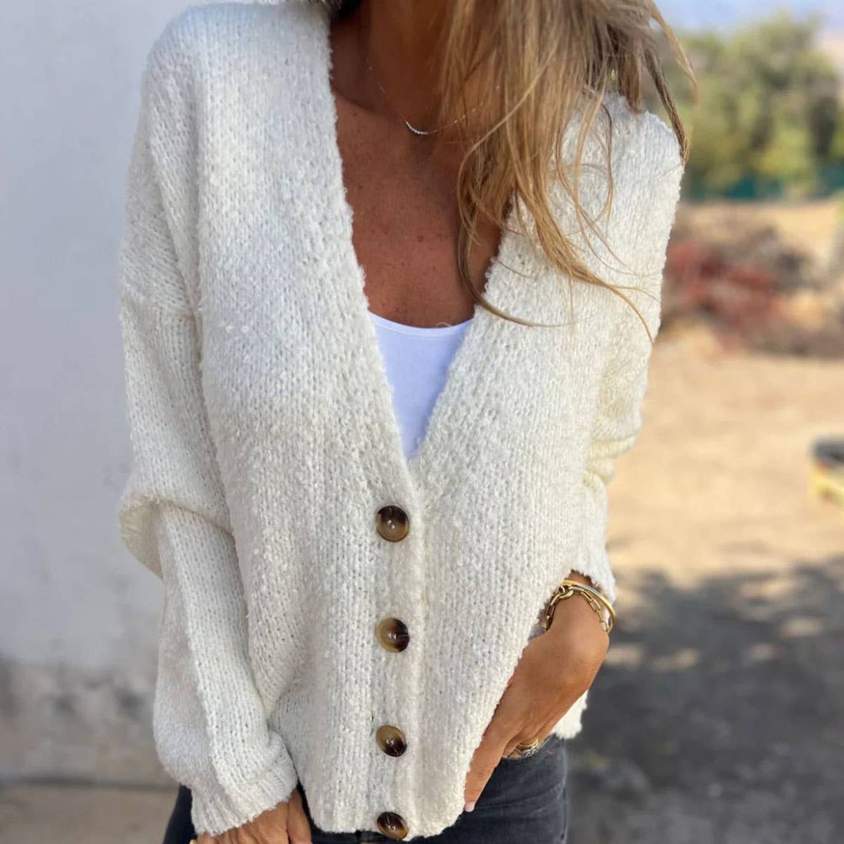 STYLISH SOLID COLOR SINGLE-BREASTED KNIT SWEATER