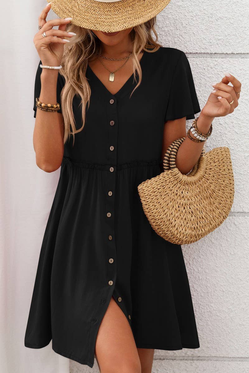 CWDSD7262_BOHEMIAN V-NECK SHORT-SLEEVED RUFFLE DRESS