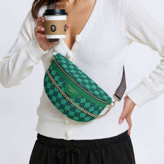 Checkered Chain Strap PU Crossbody Chest Bag_CWAB0911