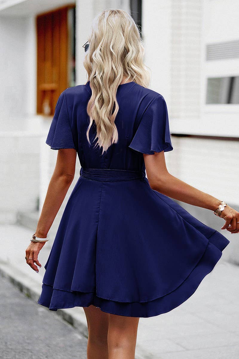 CWDSD2346_V-Neck Wrap ruffle Sleeve Floral Print Mini Dress