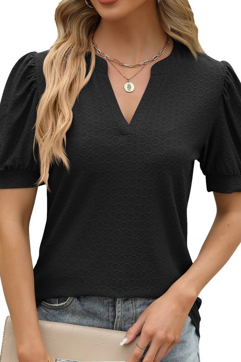 V NECK PUFFY SLEEVE PLEATED LOOSE T SHIRT_CWTSTS0181