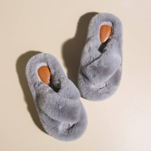 THICK SOLE CROSS STRAP FLUFFY BEDROOM SLIPPERS