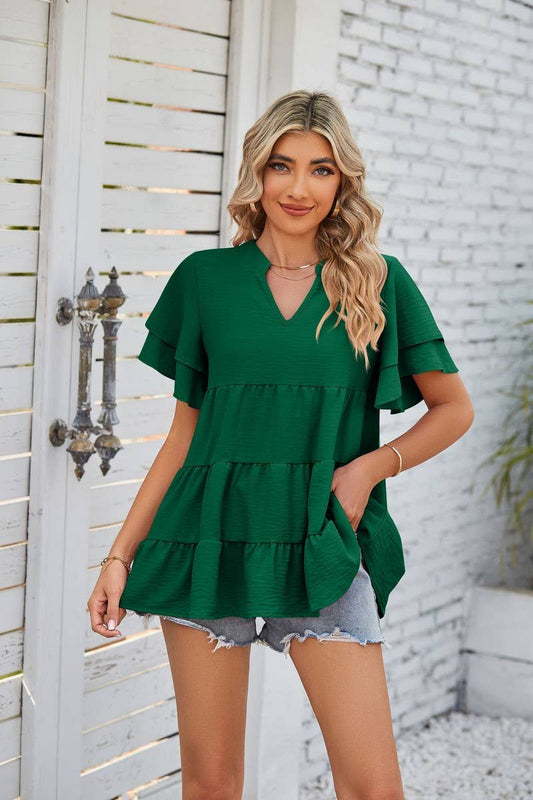 Cwtbls1602_V-Neck Double-Sleeve Sweet Babydoll Shirt Top