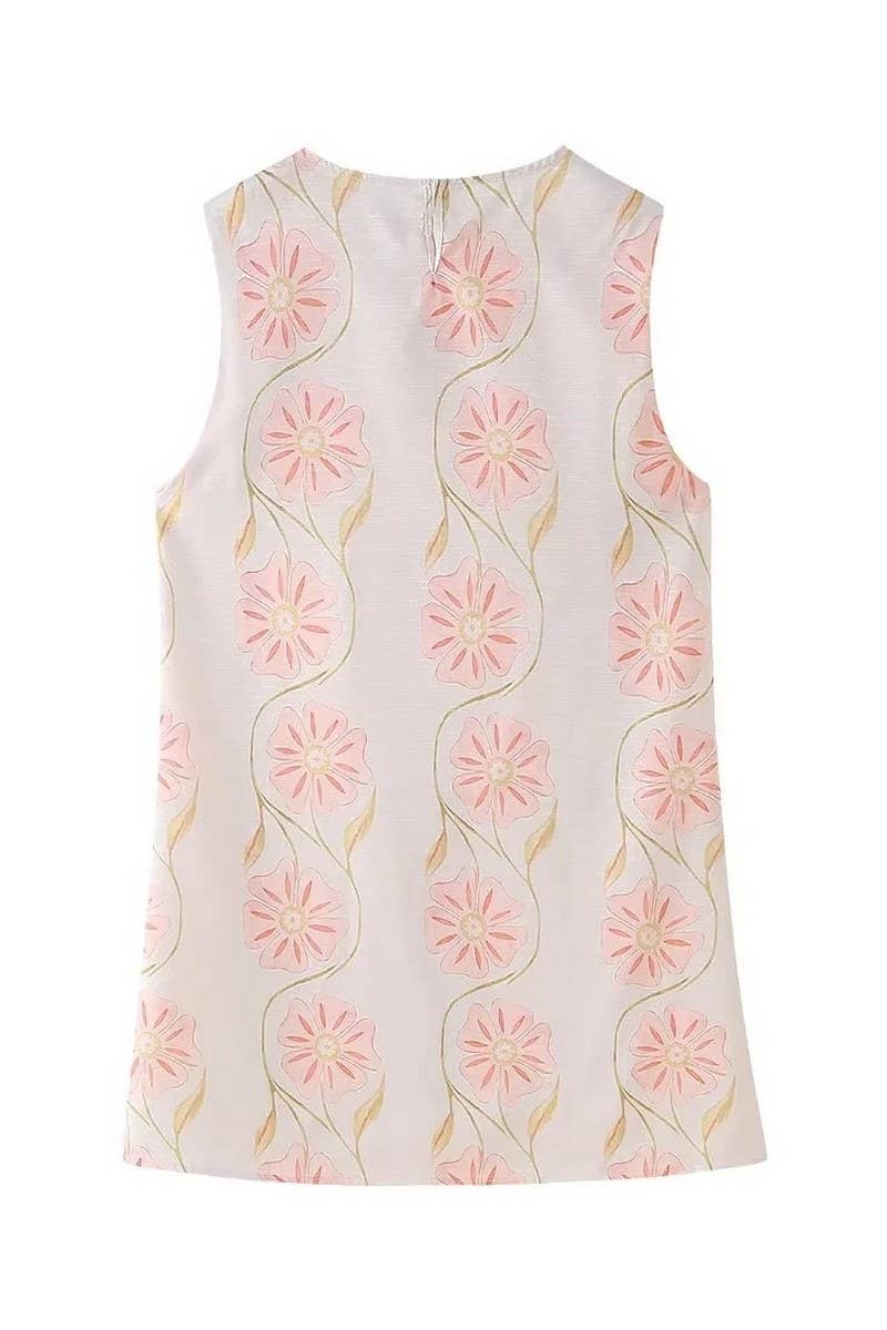 CWDSD6614_PINK ROUND NECK FLORAL SLEEVELESS DRESS
