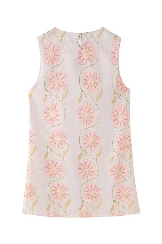 CWDSD6614_PINK ROUND NECK FLORAL SLEEVELESS DRESS