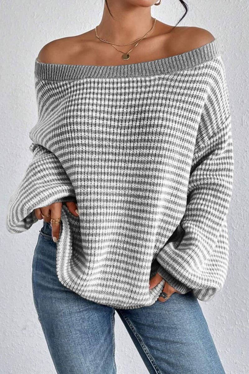 CWOSWL07623_OFF SHOULDER STRIPED KNIT PULLOVER SWEATER