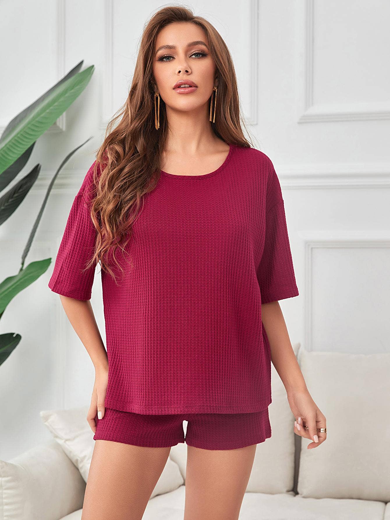 Waffle short-sleeved shorts house suit