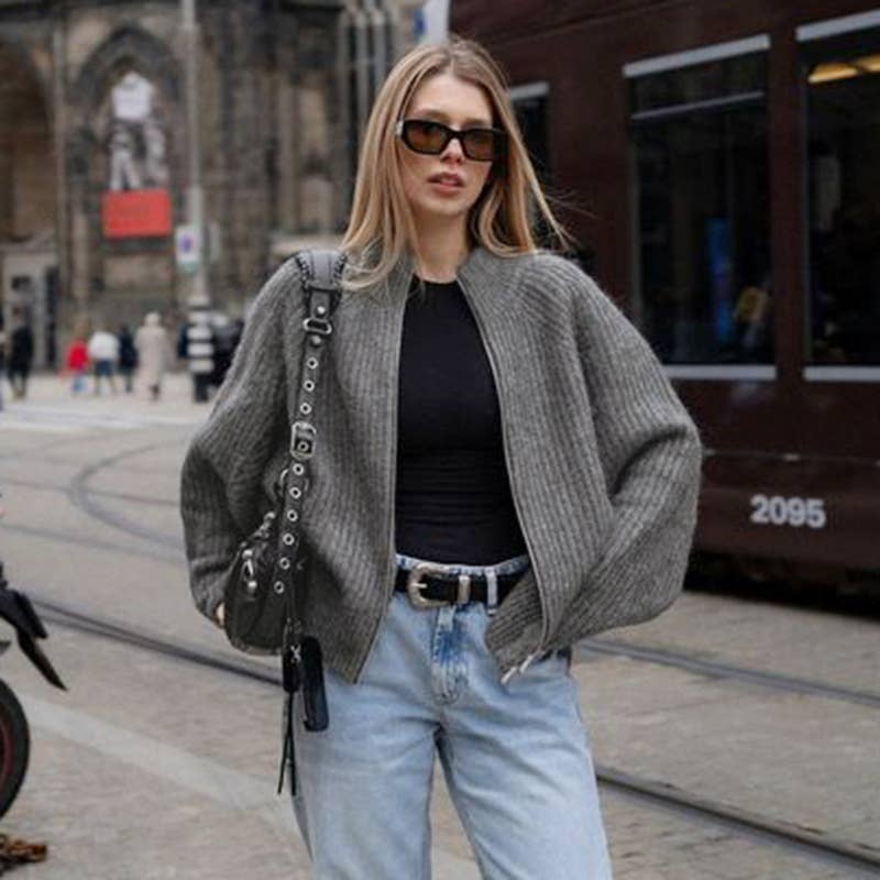 SOLID COLOR CARDIGAN WITH DOUBLE ZIP HEAD LAPEL