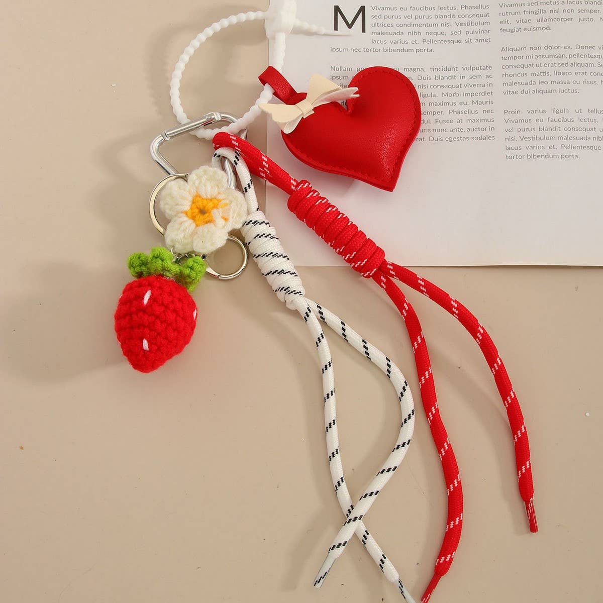 Strawberry Bow Keychain with Heart & Floral Charm_CWMM7623