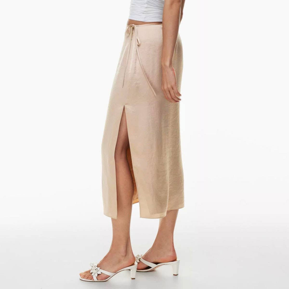 LACE-UP SATIN SKIRT HIGH WAIST SLIT STRAIGHT SKIRT_CWBSS0416