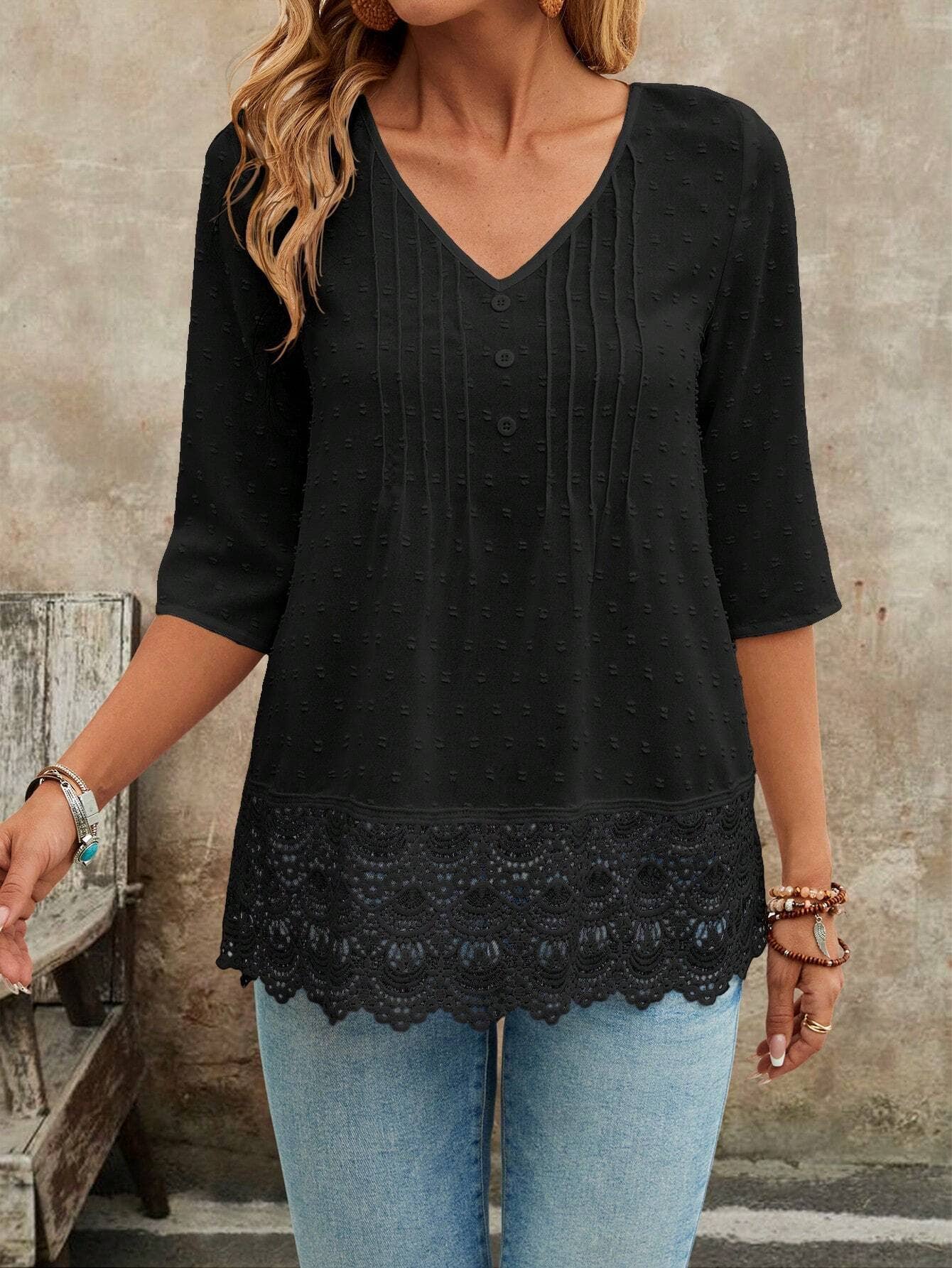 Hollowed-out embroidered lace French-style shirt
