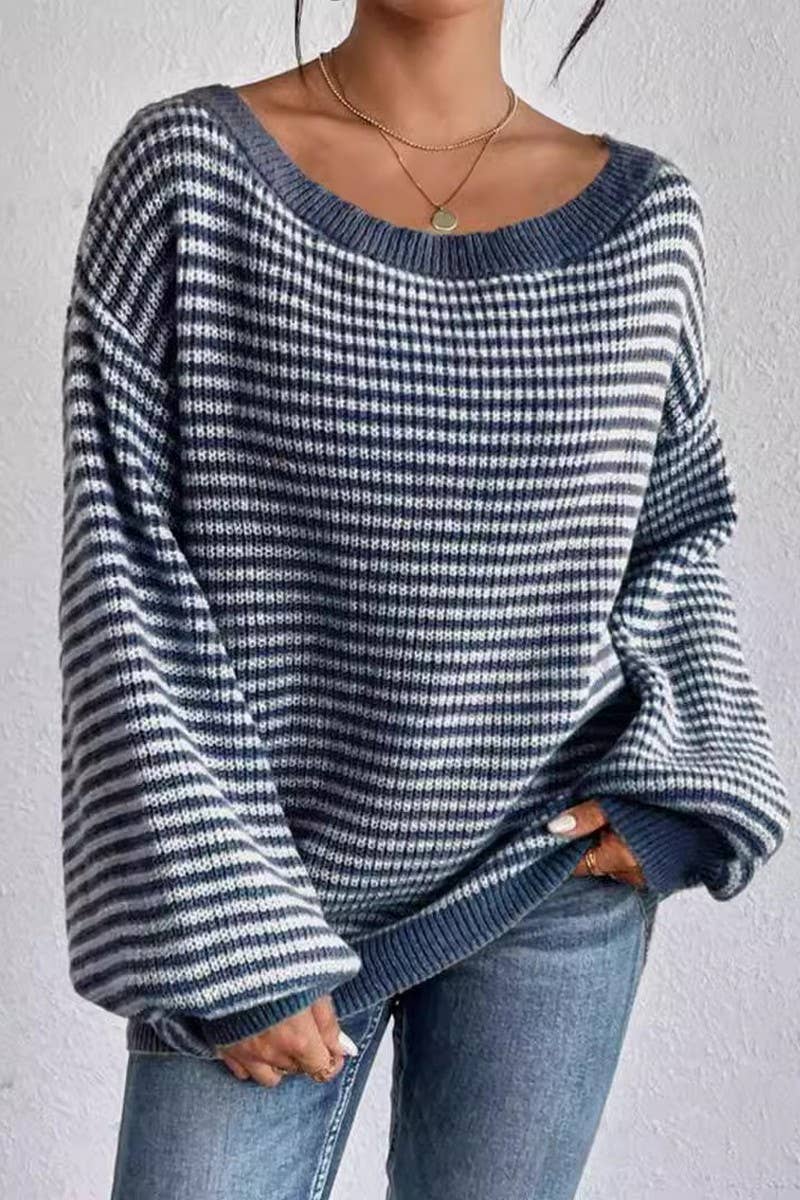 CWOSWL07623_OFF SHOULDER STRIPED KNIT PULLOVER SWEATER