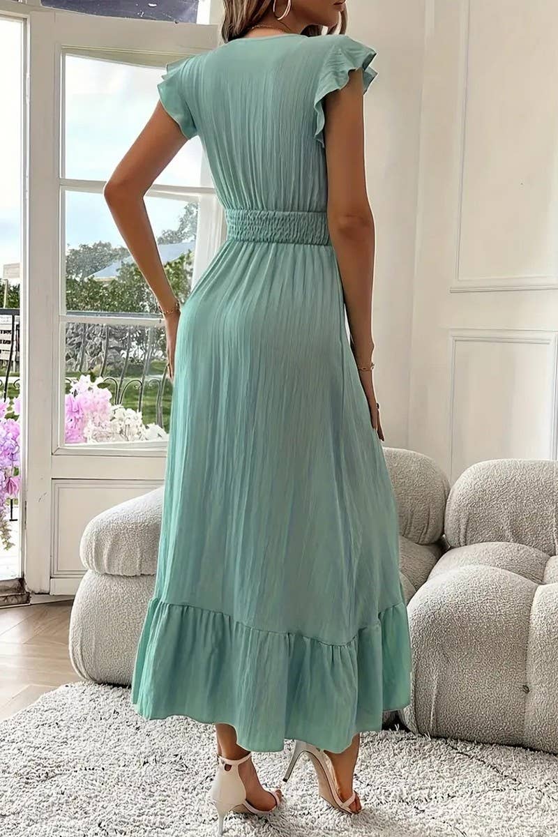 CWDMD5583_SUMMER V-NECK SHORT-SLEEVED LONG DRESS