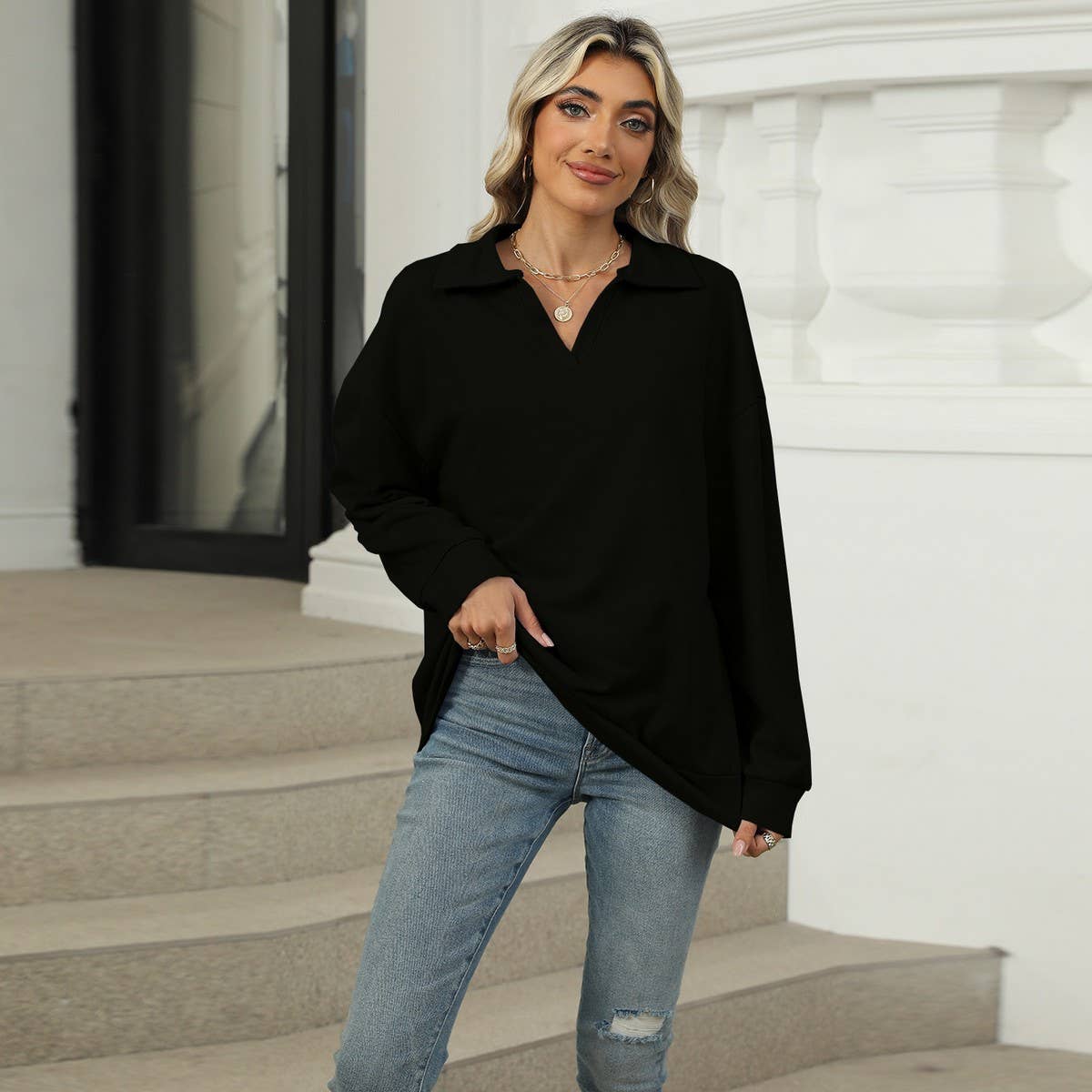 Solid color lapel baggy long-sleeved hoodie