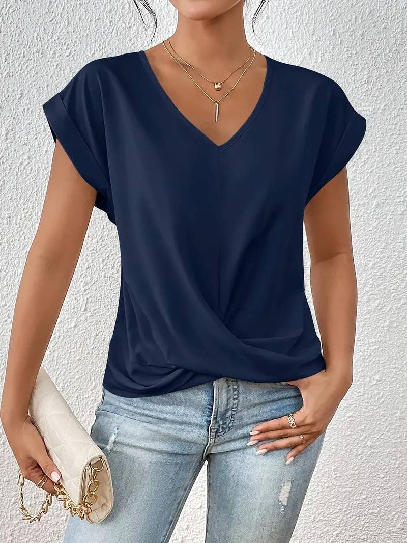 Elegant short-sleeved solid-color V-neck T-shirt