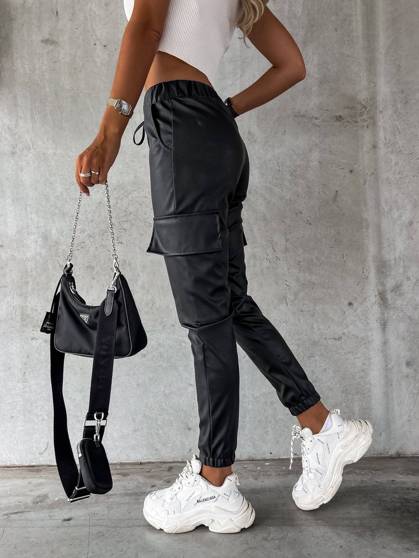 Waist-cinching street drawstring leather pants