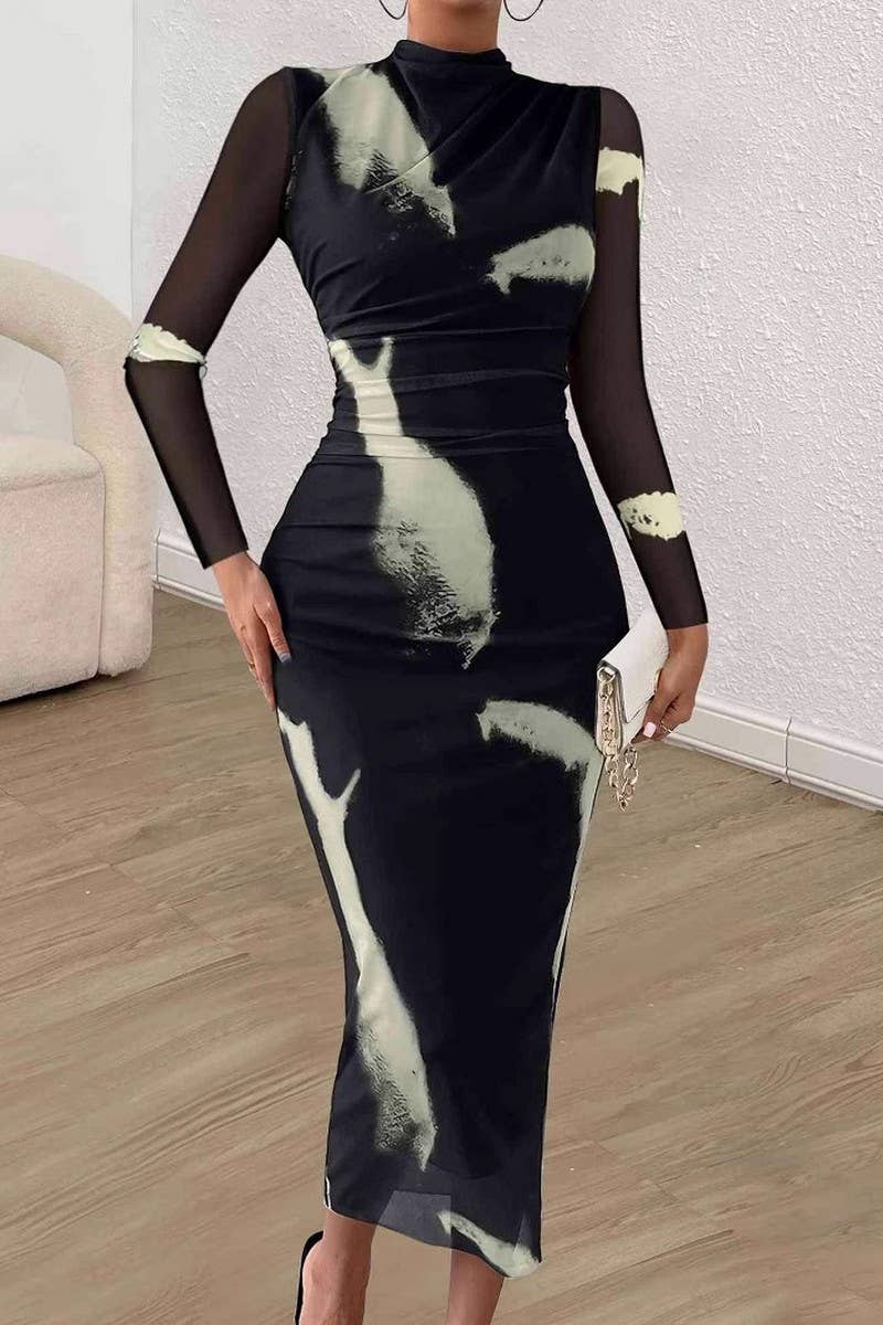 CWDMD5060_FASHION MESH PRINT SEXY TIGHT SLIT NEW DRESS