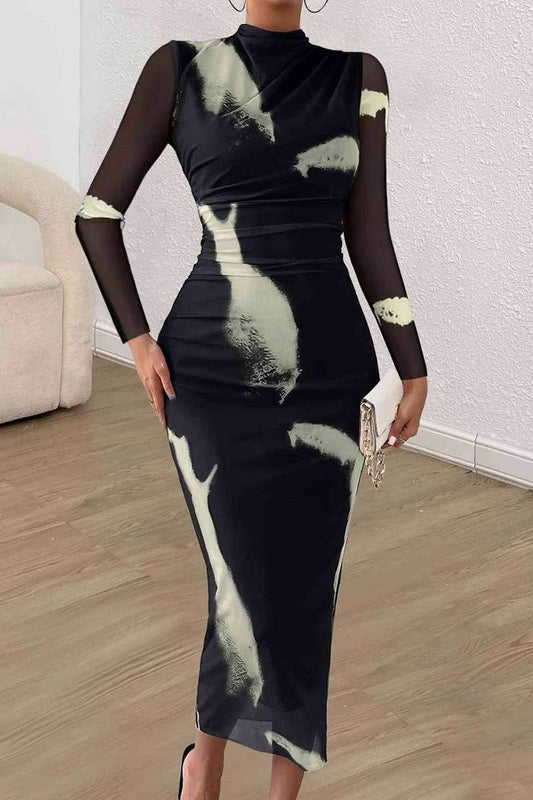 CWDMD5060_FASHION MESH PRINT SEXY TIGHT SLIT NEW DRESS