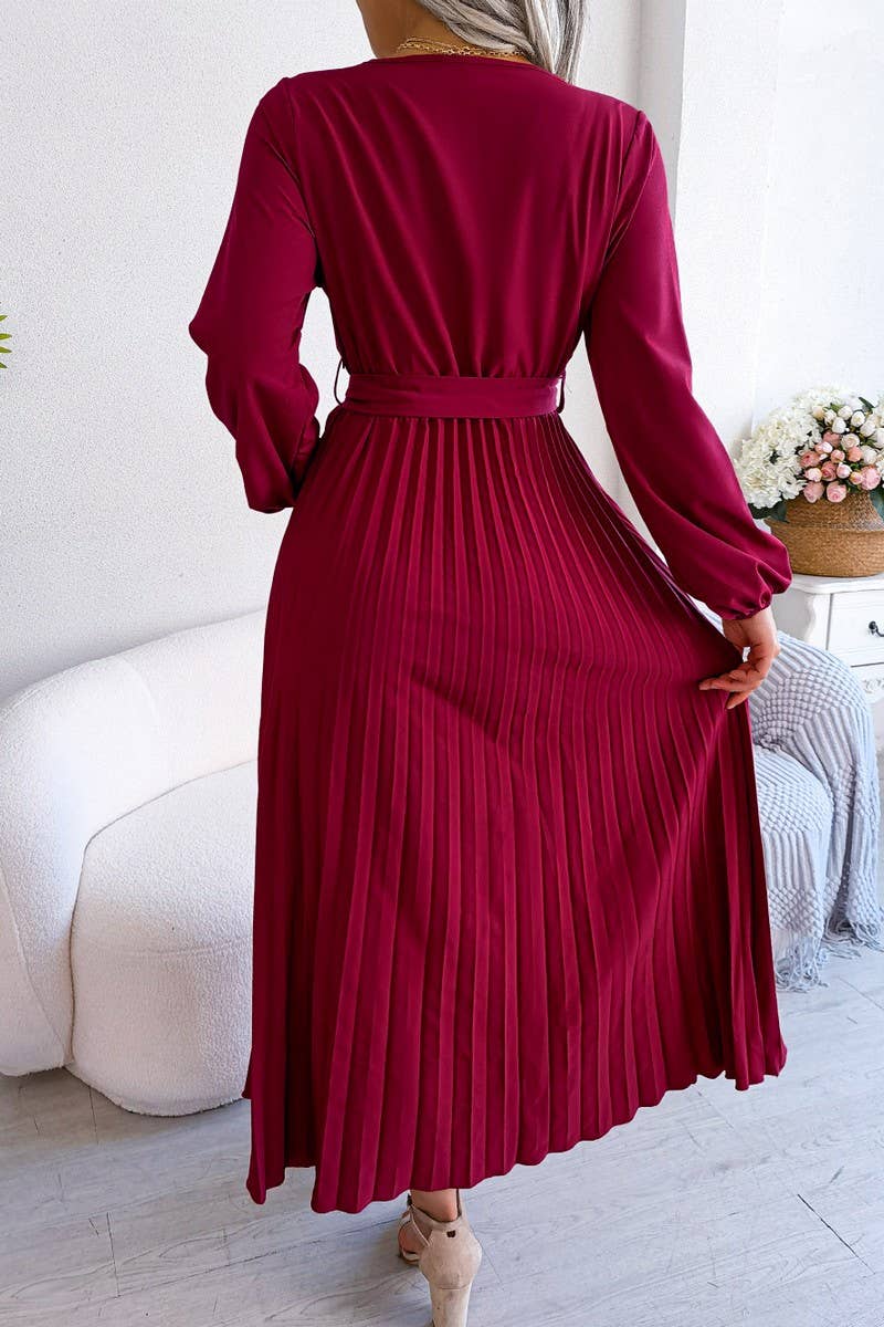 SOLID V NECK PLEATED LONG SKIRT_CWDMD0762