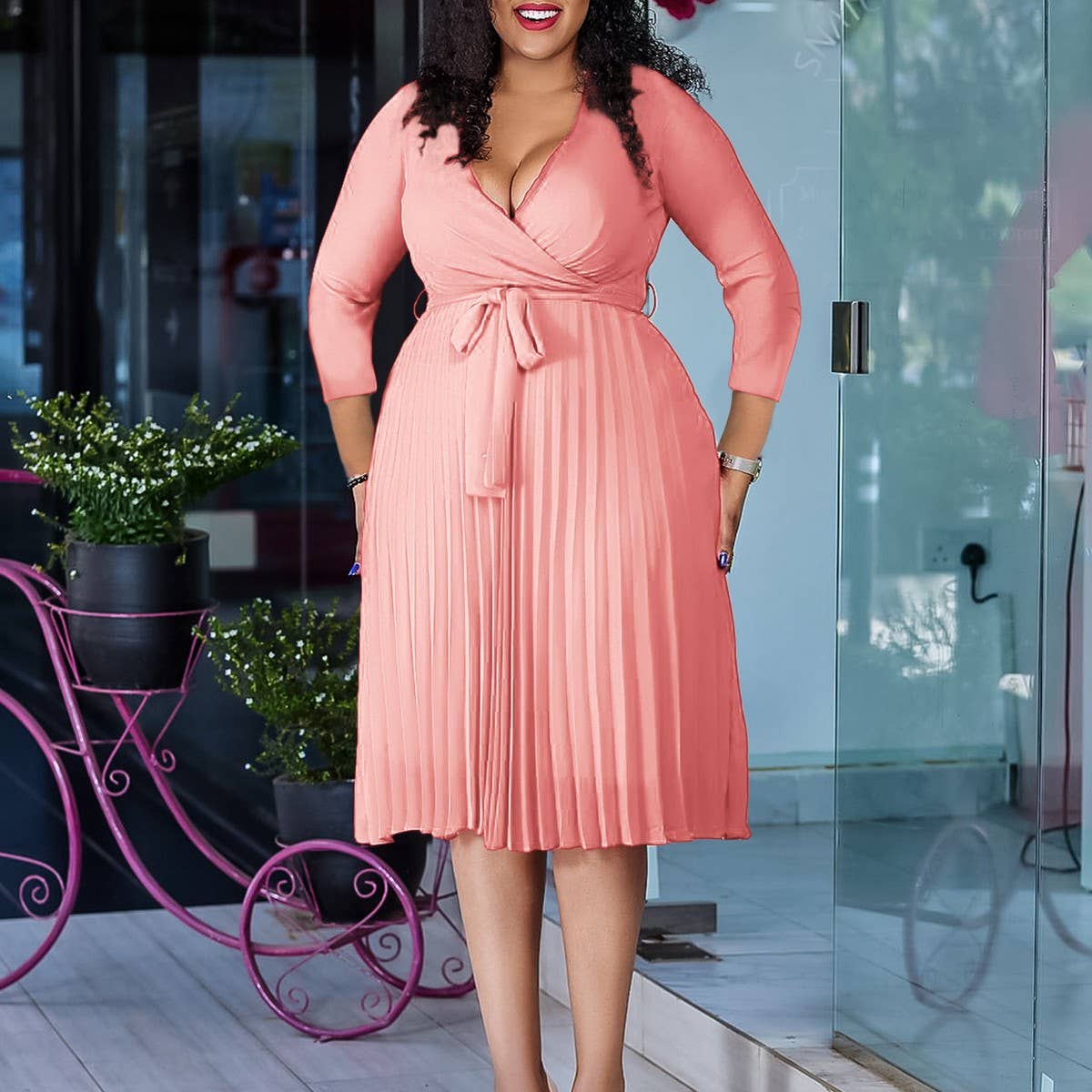 SOLID COLOR V-NECK LONG SLEEVE PLEATED SKIRT DRESS_CWDSD6145