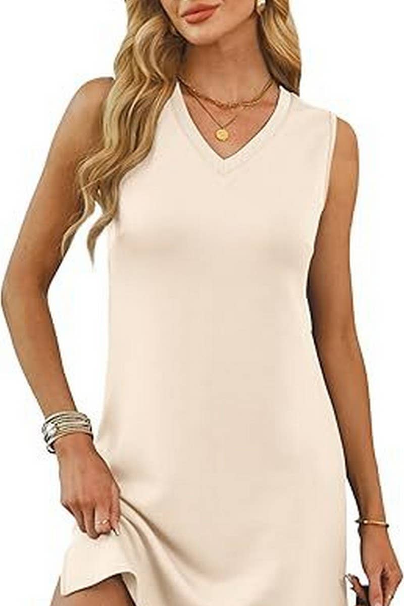 CWDSD8777_V-NECK SLEEVELESS BOTTOM SLIT SOLID COLOR VEST DRE