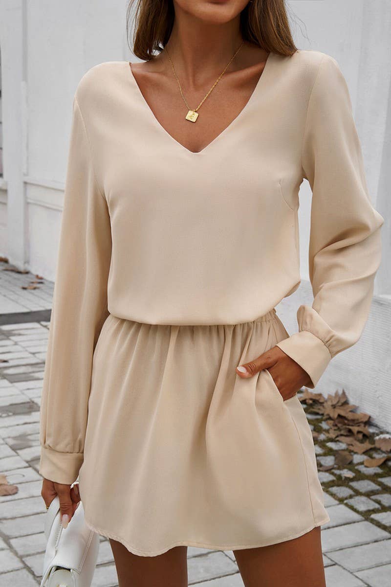 CWDSD5613_V-NECK SOLID COLOR PUFF SLEEVE DRESS