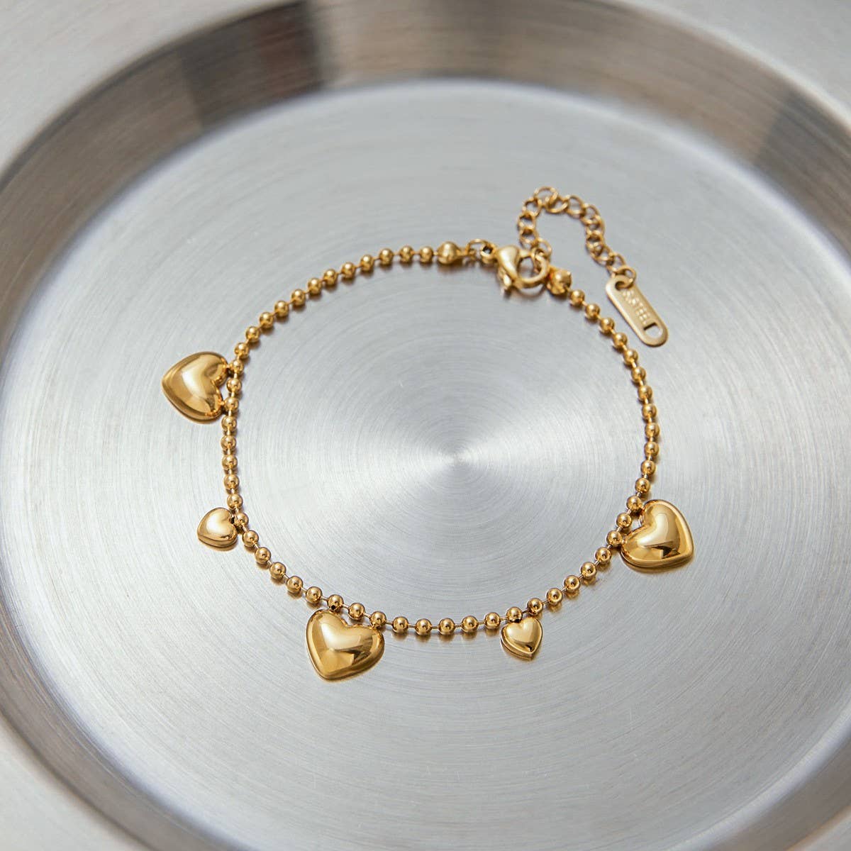 18K Gold Heart Bead Chain Bracelet, Titanium Steel_CWAJE4839