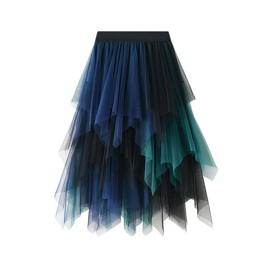 Colorblock Layered Tulle Irregular Midi Skirt