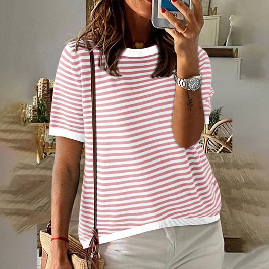 Round-neck striped blocking knitted sweater