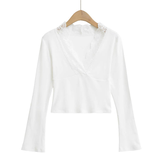 SPICE GIRLS DEEP V-NECK LACE PATCHWORK T-SHIRT